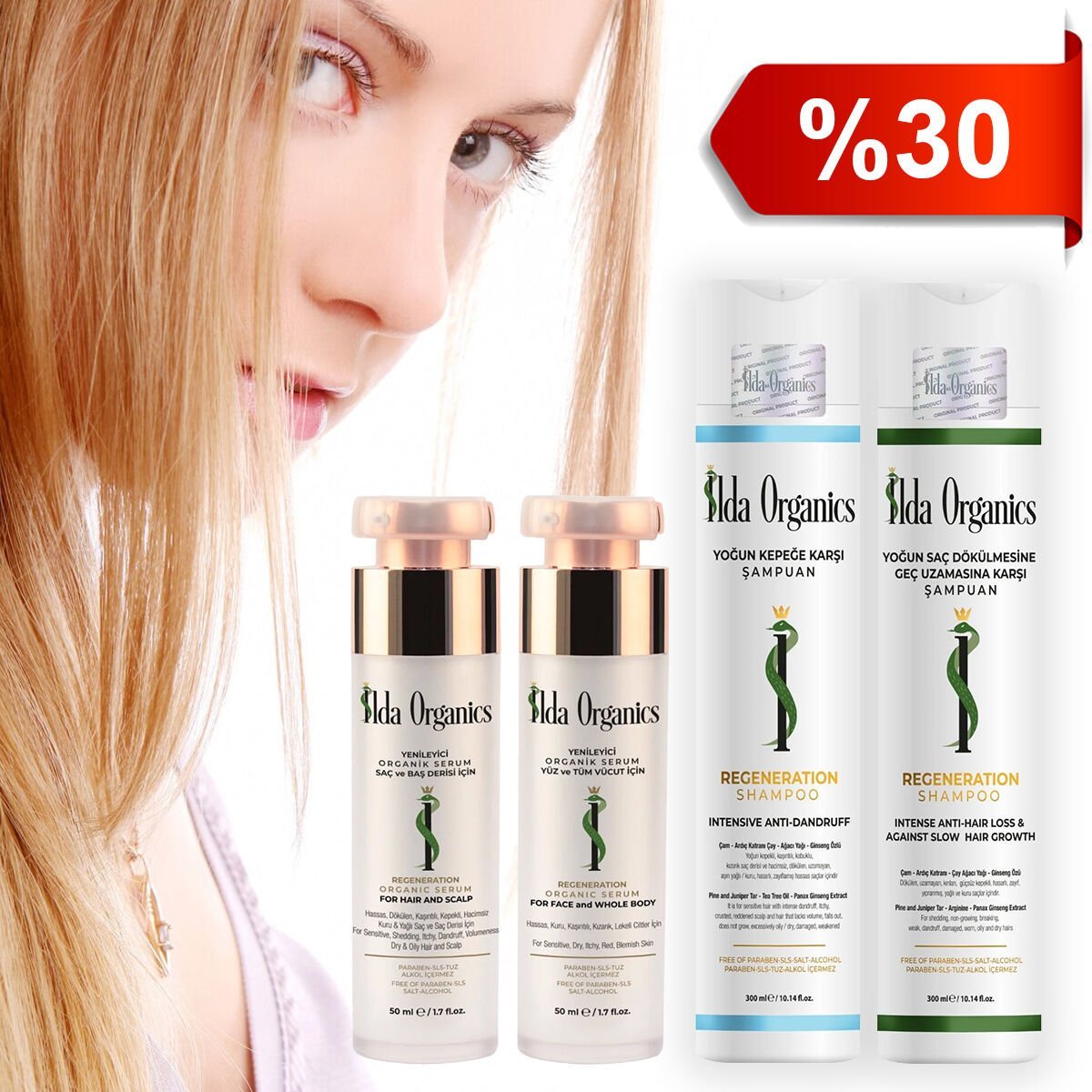 Tüm SAÇ ve BAŞ DERİSİ Sorunlarına Karşı Şampuan Seti & YÜZ ve TÜM VÜCUT için Serum Seti