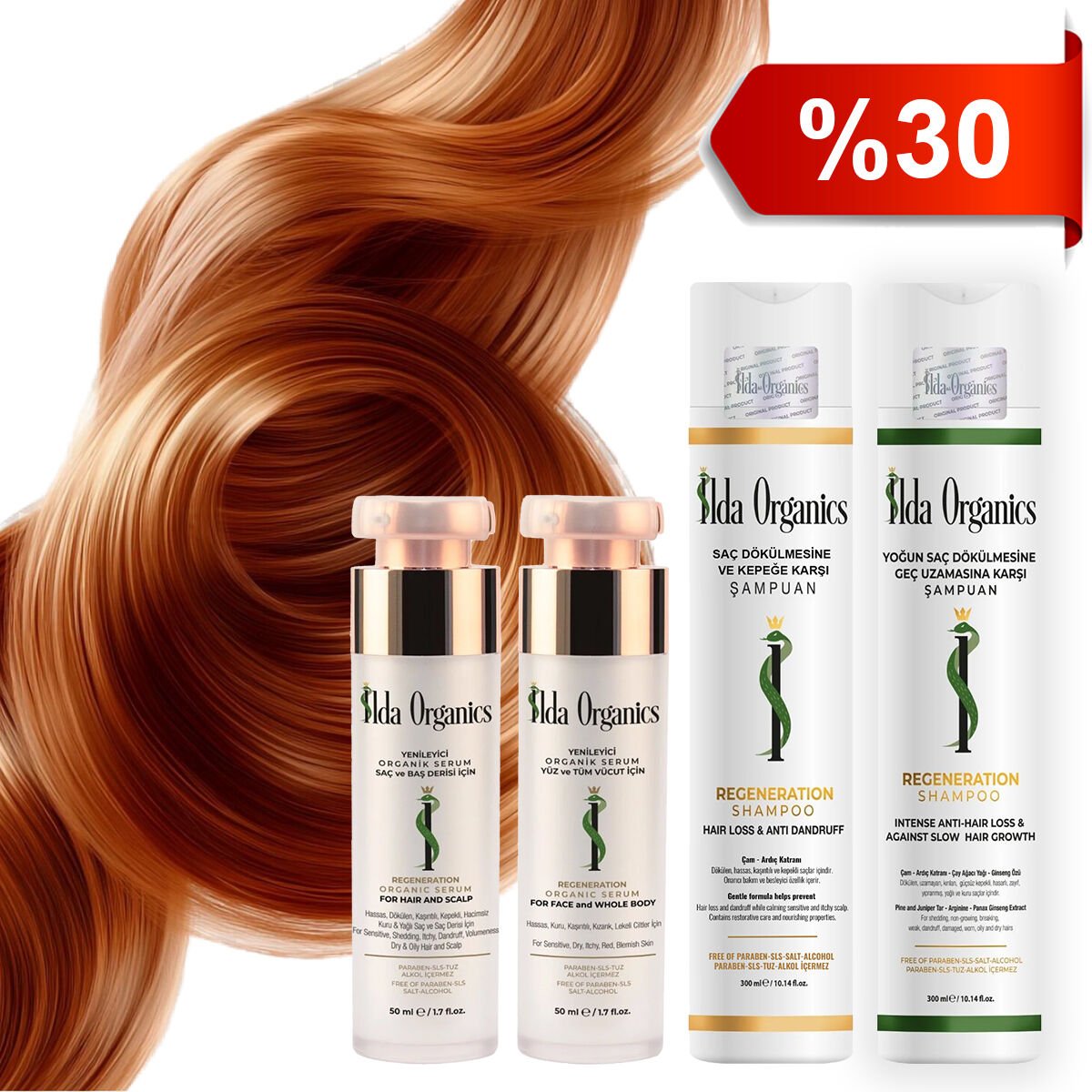 Tüm SAÇ DERİSİ Sorunları -YOĞUN SAÇ DÖKÜLMESİ VE GEÇ UZAMASINA KARŞI - SAÇ DÖKÜLMESİ VE KEPEK Şampuan Seti & YÜZ ve TÜM VÜCUT - SAÇ ve BAŞ DERİSİ için Serum Seti - 4'lü Set