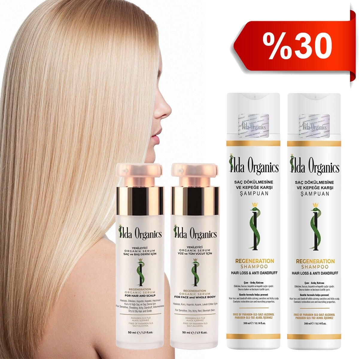 Tüm SAÇ Derisi Sorunları-SAÇ DÖKÜLMESİ ve KEPEĞE KARŞI Şampuan &  YÜZ ve TÜM VÜCUT- SAÇ ve BAŞ DERİSİ için Serum Seti - 4'lü Set