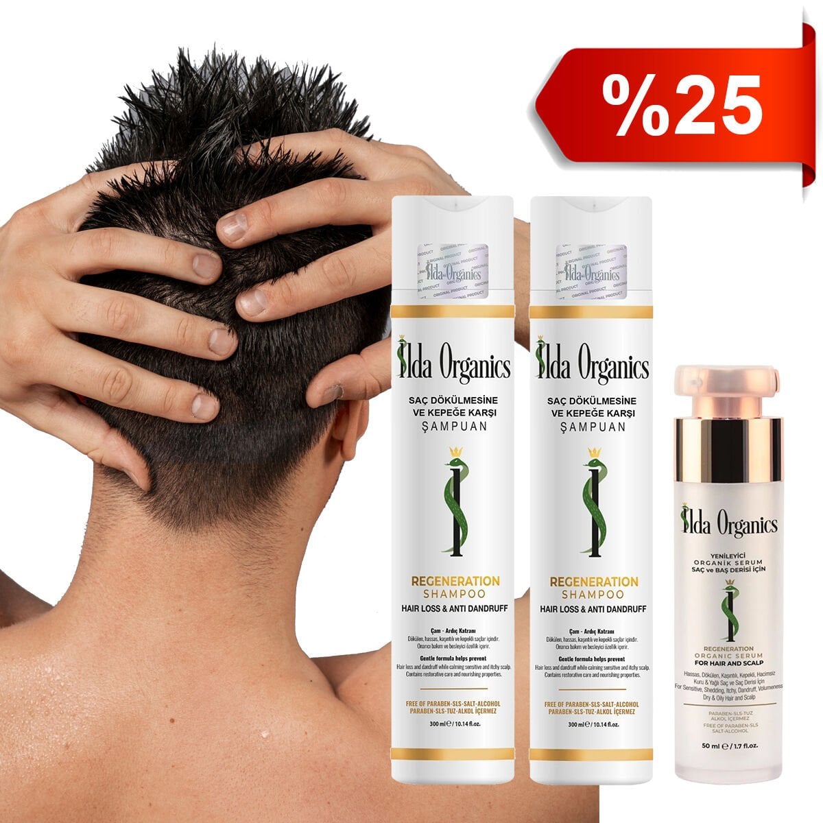 Tüm SAÇ ve BAŞ DERİSİ Sorunlarına Karşı SAÇ DÖKÜLMESİ ve KEPEĞE Karşı Şampuan ve SAÇ ve BAŞ DERİSİ Yenileyici Organik Serum- 3'lü Set